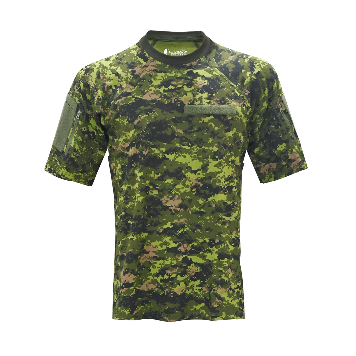 A short-sleeve tactical combat shirt featuring a green, black, and brown Woodland digital camouflage pattern, with a chest pocket and a sleeve pocket, shown on a plain white background.