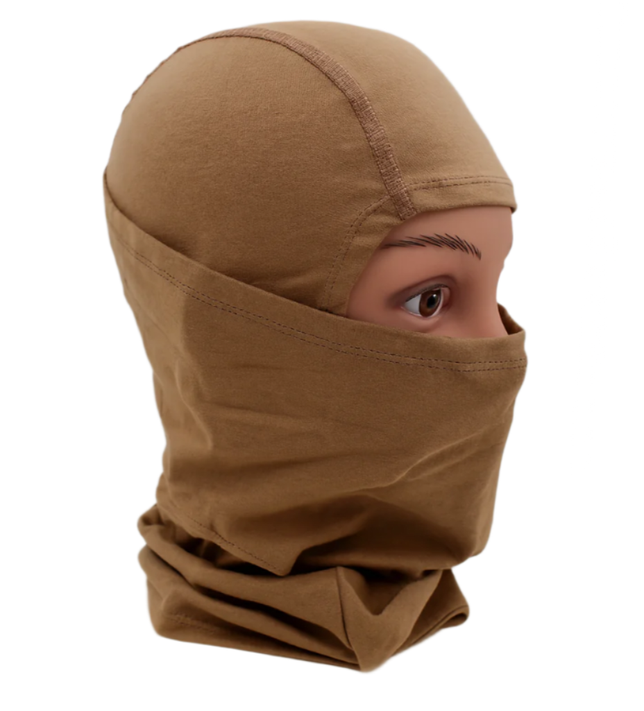 Brown balaclava worn by a person on a white background