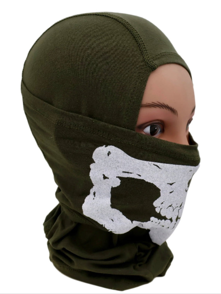 Green balaclava with a white Print skull design on a white background.