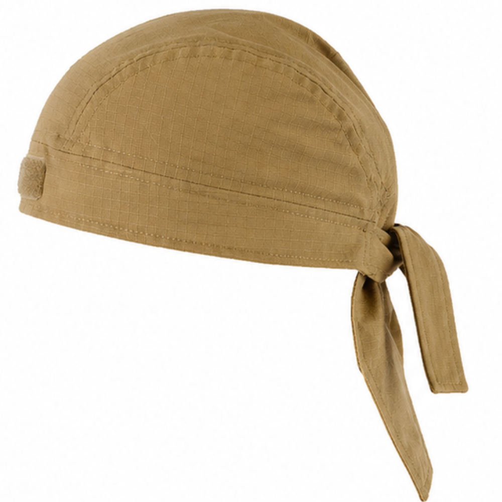 side view of Coyote Brown Ripstop fabric Bandana (Du Rag) headscarf with a knot on a white background