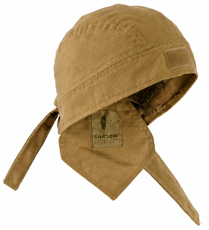 front view of Coyote Brown Ripstop fabric Bandana (Du Rag) headscarf with a knot on a white background with Shadow Strategic Logo.