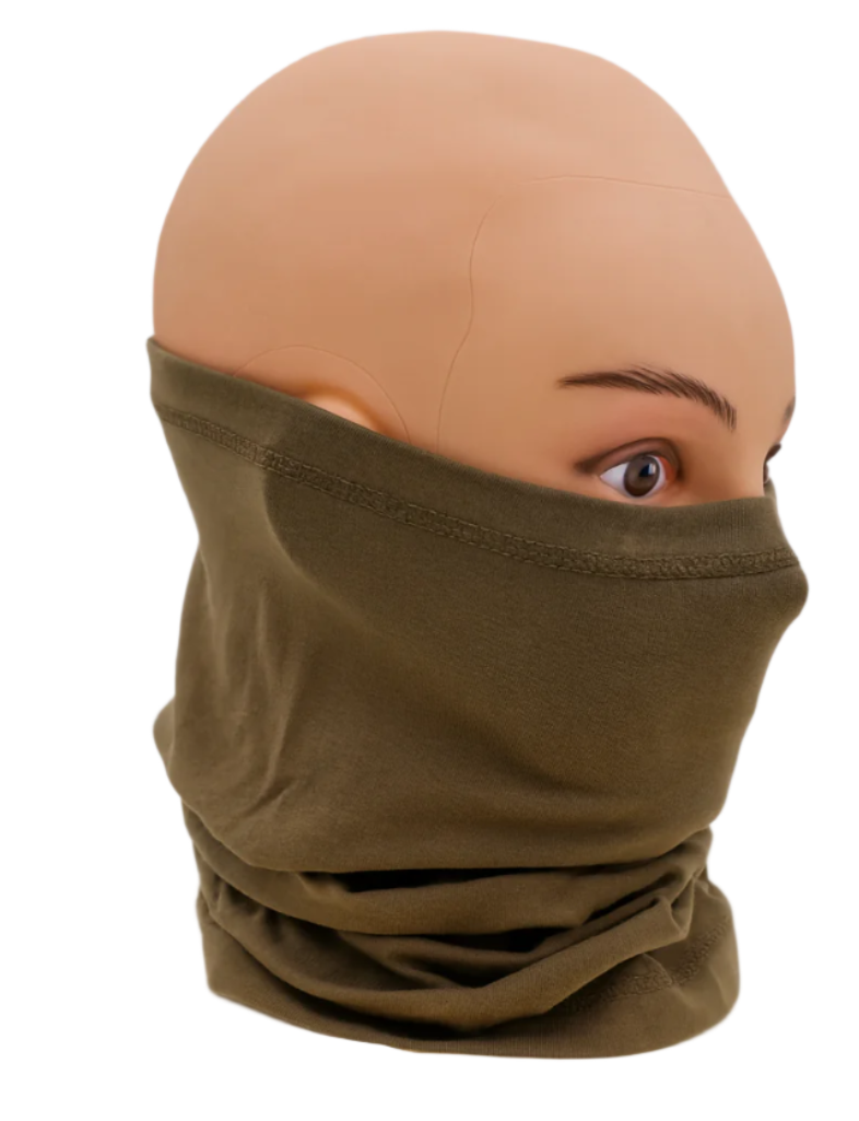 Mannequin head wearing a Ranger green balaclava  / Neck gaiter against a neutral background