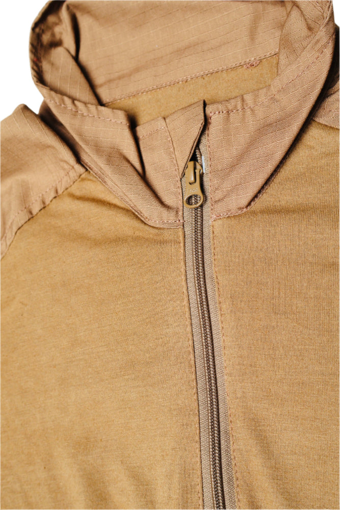 Close-up of a brown Combat Shirt hooded jacket with a YKK zipper