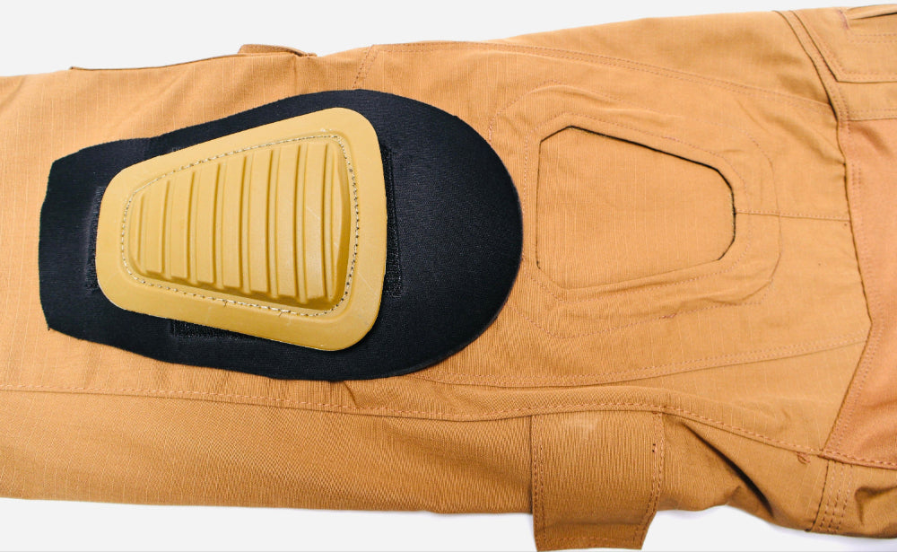 Combat Pant  with a black and Tan removable knee Pad on a white background