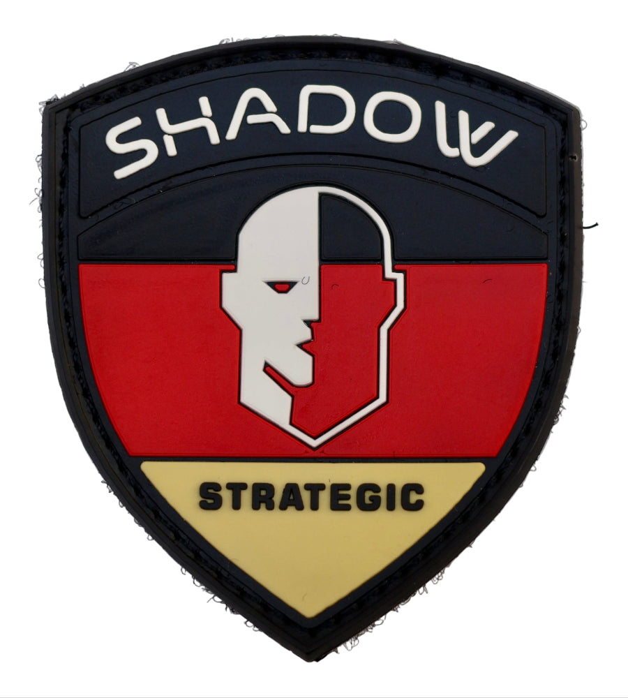 Germany Flag PVC Patch Shield-shaped patch with 'Shadow Strategic' text and logo on a white background