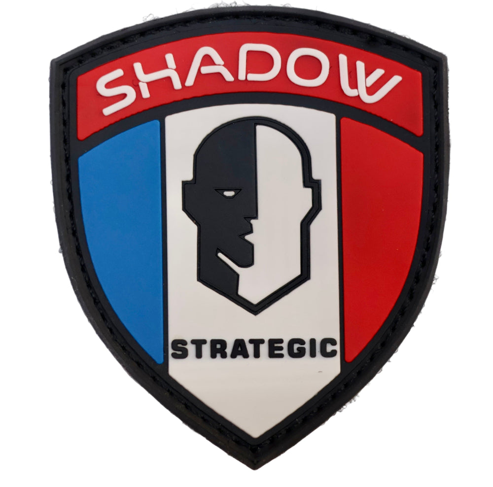 French Flag PVC Patch Shield-shaped patch with 'Shadow Strategic' text and logo on a white background